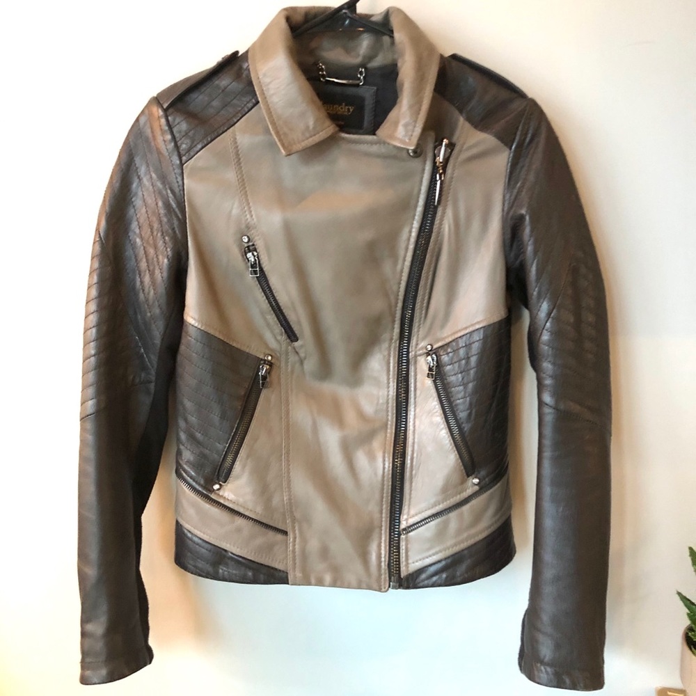 Structured Leather Jacket - Brown & Tan - XS